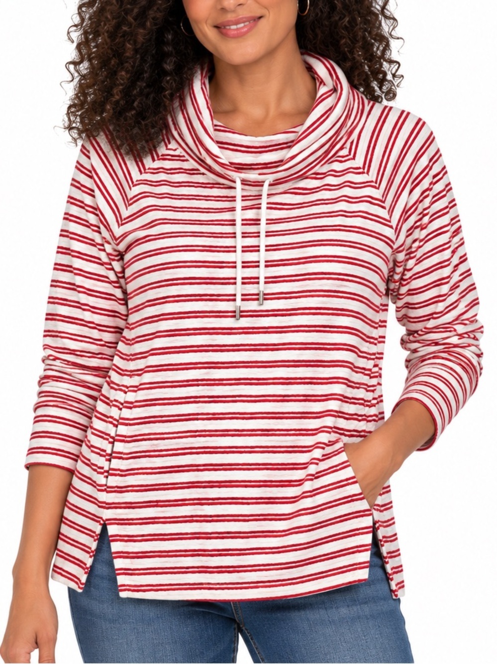 Tommy Hilfiger Red & White Striped Cowl Neck Terrycloth Pullover